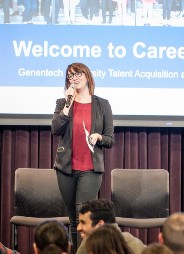 Layne Austin MBA 23 speaking at Genentech Career Day