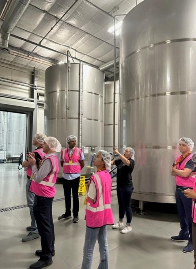 People in pink safety vests and hair nets touring olive oil production facility