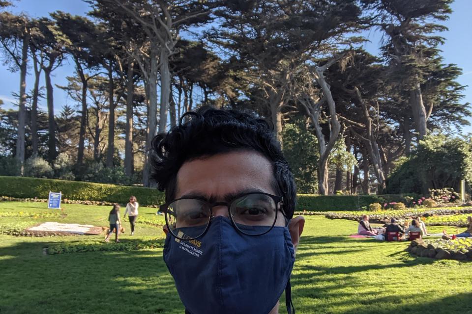 Wearing his UC Davis GSM mask, Animesh enjoys Golden Gate Park in San Francisco, not far from the MSBA campus