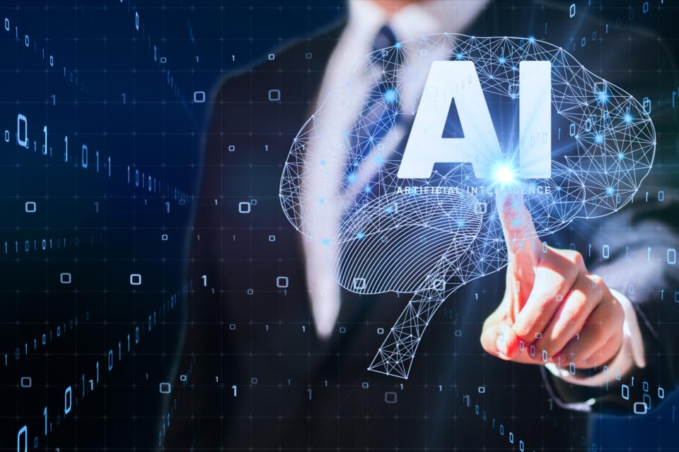 graphic of man pointing at text that spells AI