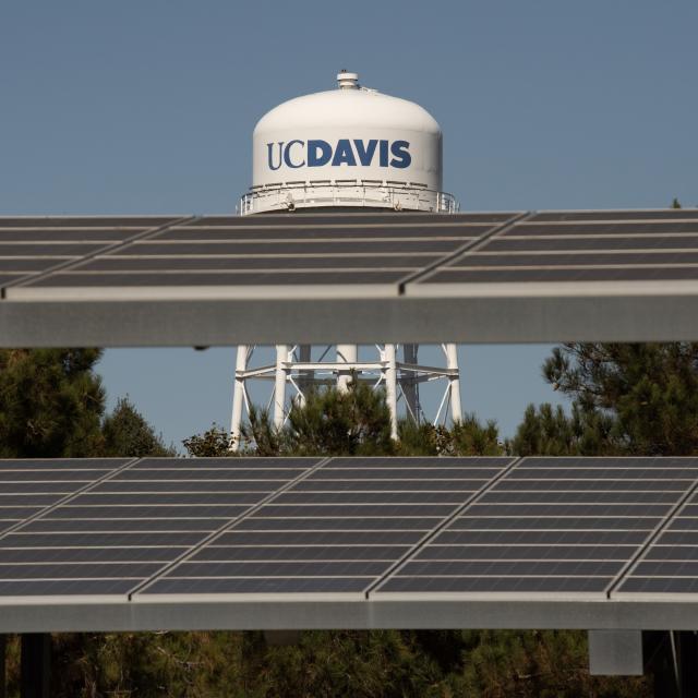 UC Davis solar farm with UC Davis water tower in background