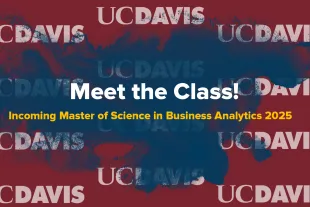 Maroon background with dark blue paint splash. White UC Davis logos are scattered across the image. In the center, bold white text reads “Meet the Class!” with smaller gold text underneath: “Incoming Master of Science in Business Analytics 2025.