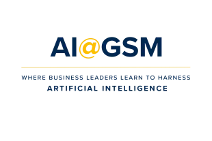 Logo for AI@GSM with tagline: "Where business leaders learn to harness artificial intelligence" on a light gray background.