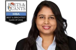 UC Davis MBA Shuphi Gupta in business attire smiles at the camera next to a "Poets & Quants MBA Best & Brightest Class of 2026" badge on a white background.