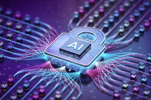 A digital lock labeled "AI" connects to circuit lines, symbolizing artificial intelligence security and data protection in a high-tech environment.