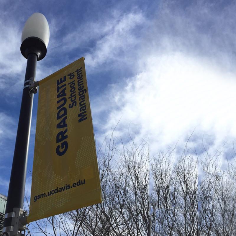 UC Davis GSM banner outside Gallagher Hall