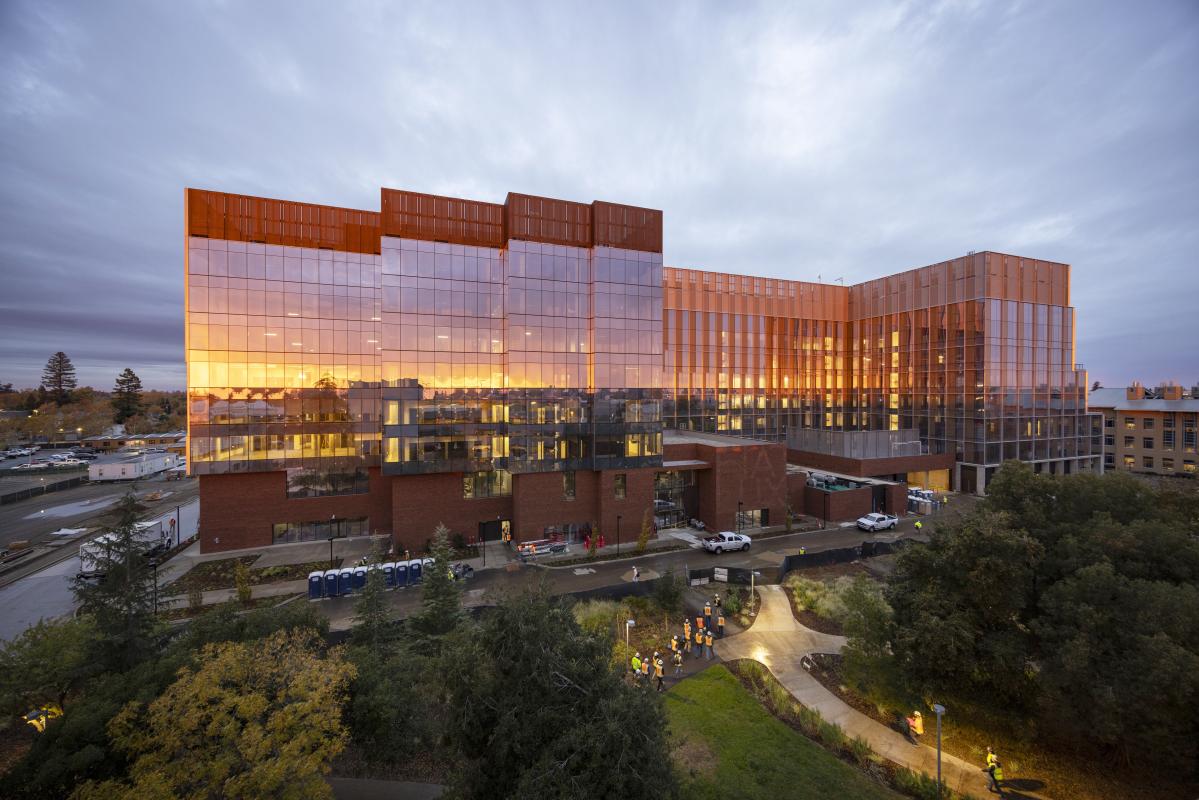 Exterior of Aggie Square at sunset