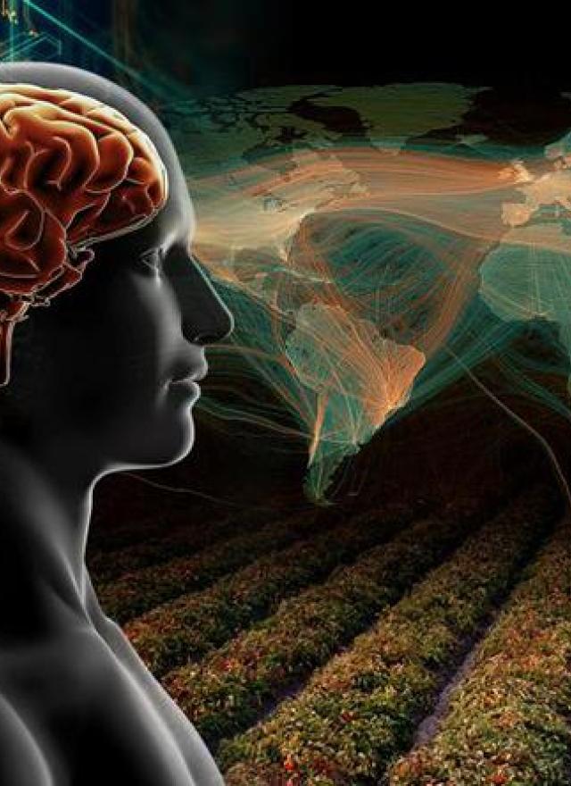 Futuristic image with world map, circuits, crops, human brain