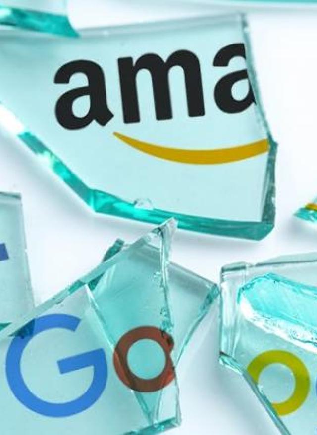 Shards of glass with names of big tech companies like Amazon and Google
