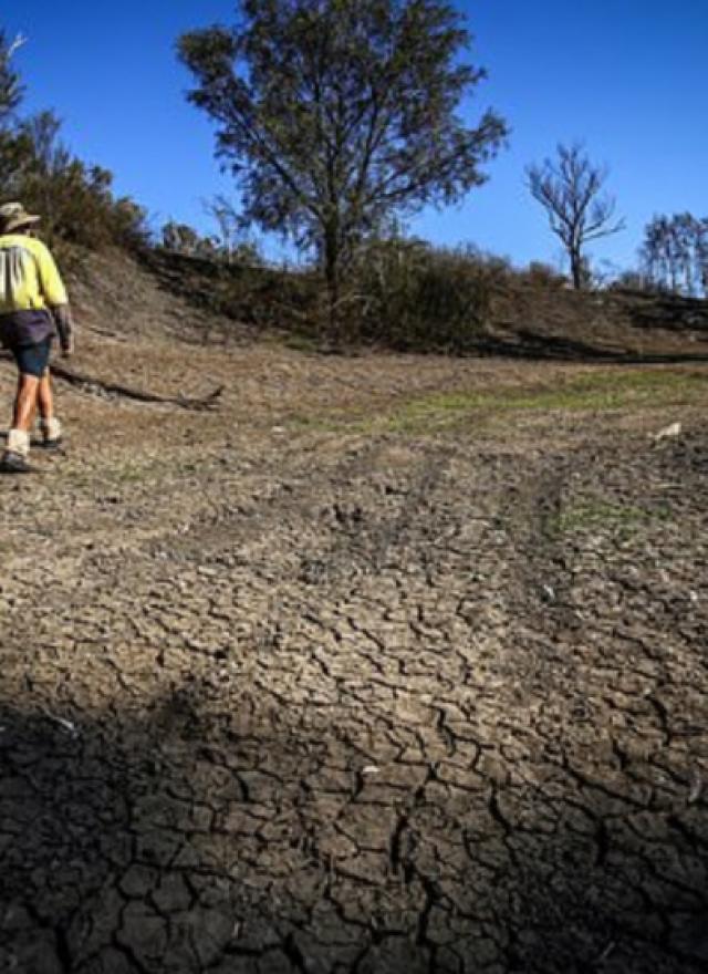 Person walking along dried up soil path