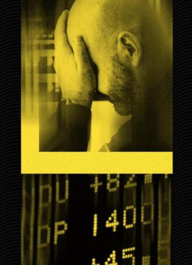 Frustrated investors and stock charts in green, yellow, and blue tint