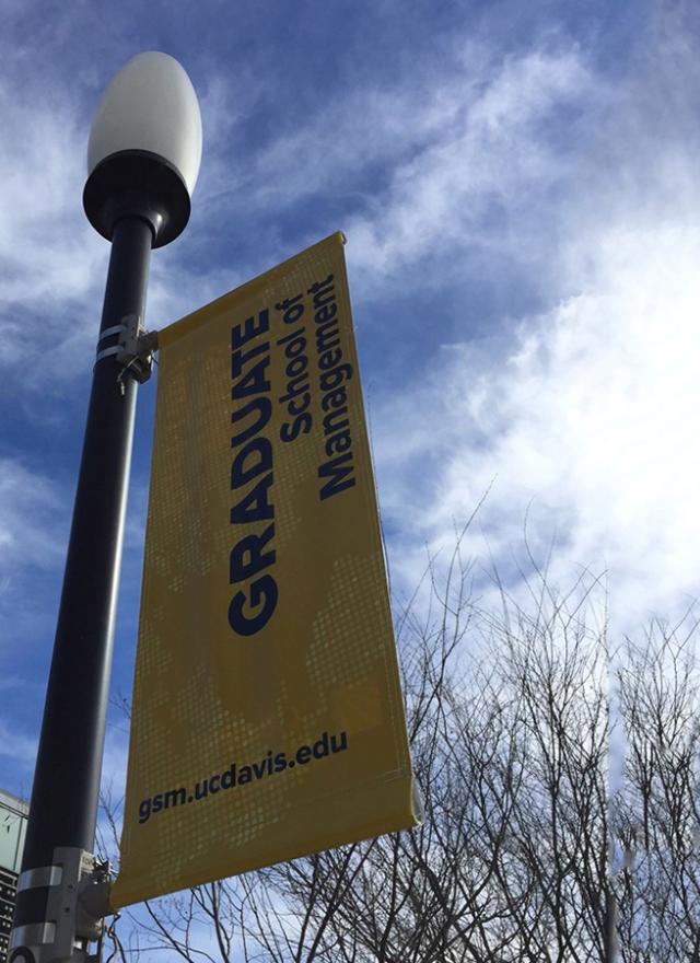 UC Davis GSM banner outside Gallagher Hall