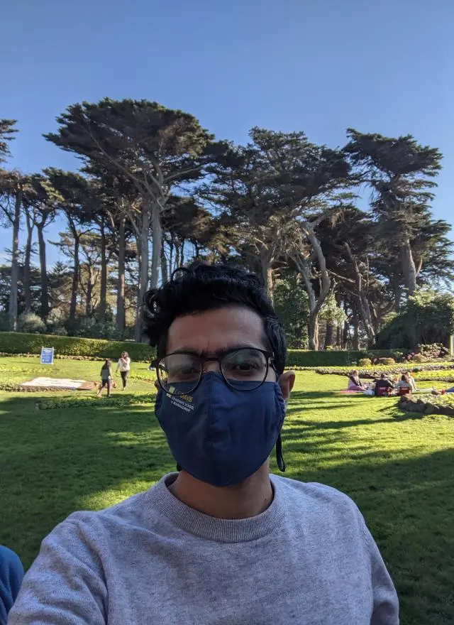 Wearing his UC Davis GSM mask, Animesh enjoys Golden Gate Park in San Francisco, not far from the MSBA campus