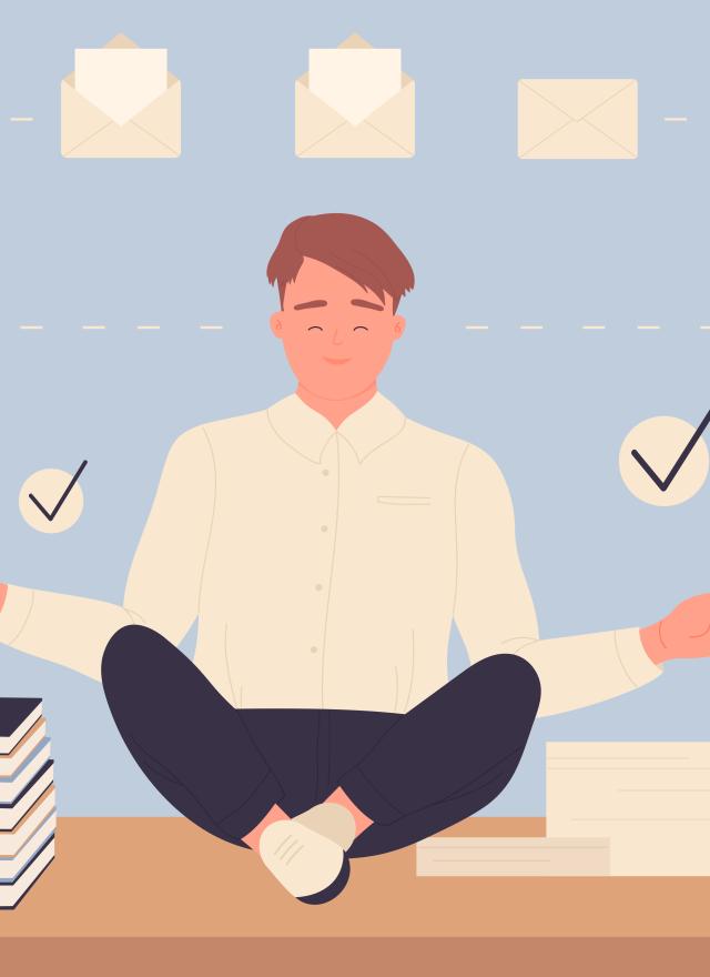 Businessman or student meditating in calm yoga lotus pose near stack of books vector illustration. Cartoon young person with work done on time. Effective time management without stress concept