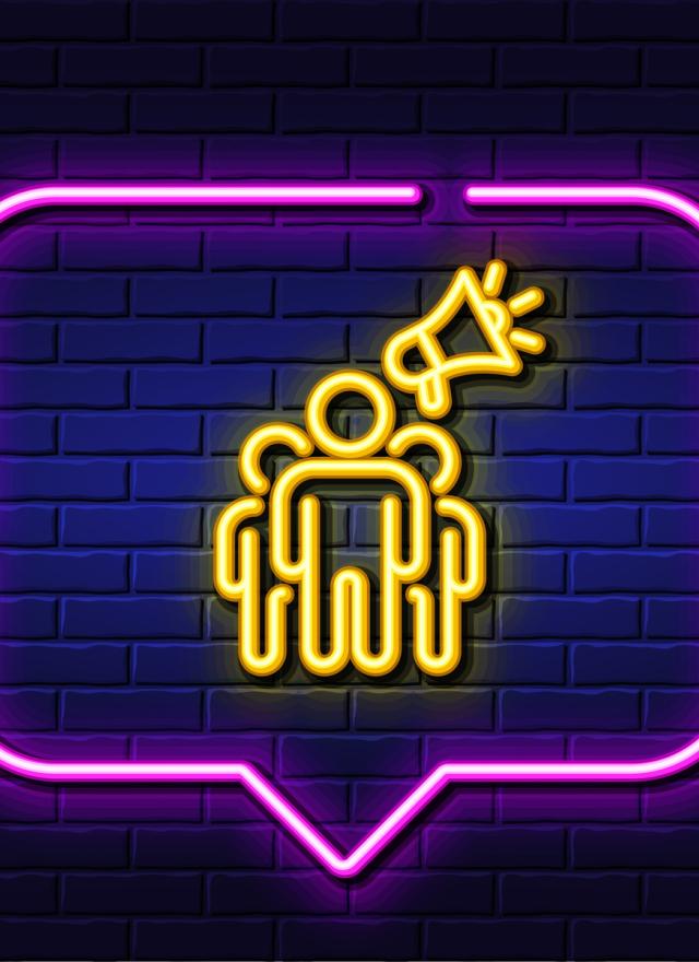 Neon light speech bubble. Brand ambassador line icon. Holding megaphone sign. Advertisement device symbol. Neon light background. Brand ambassador glow line. Brick wall banner. Vector