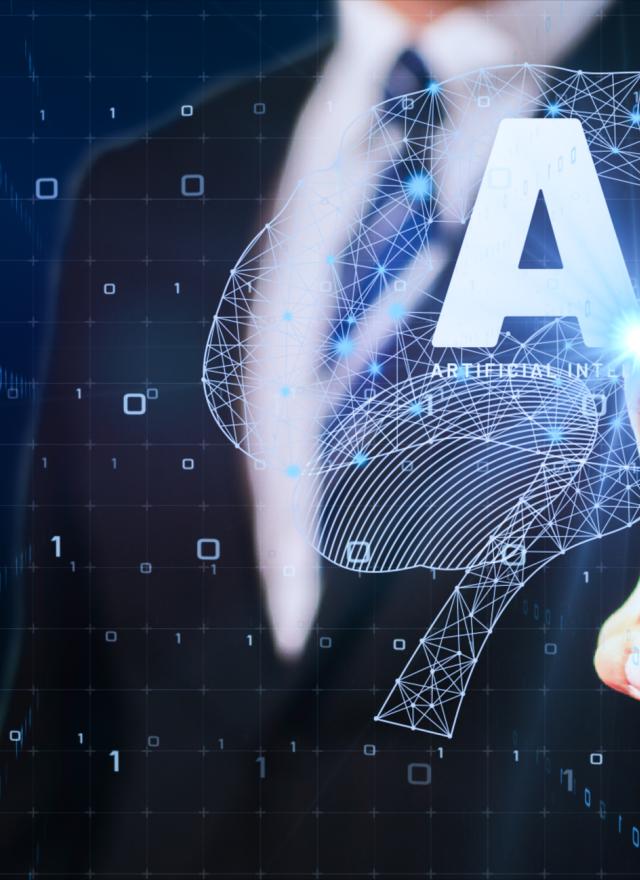 graphic of man pointing at text that spells AI