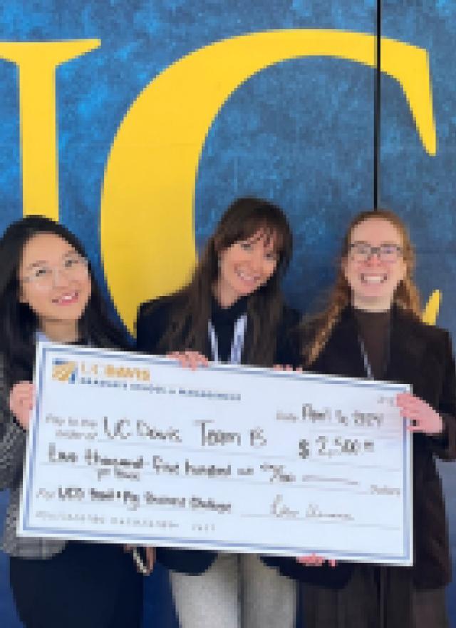 Daniella Kleiner-Kanter, Min Zhu and Marie Klein hold up a giant check for $2,500