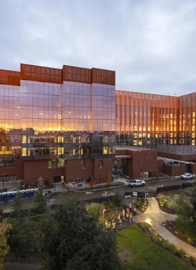 Exterior of Aggie Square at sunset