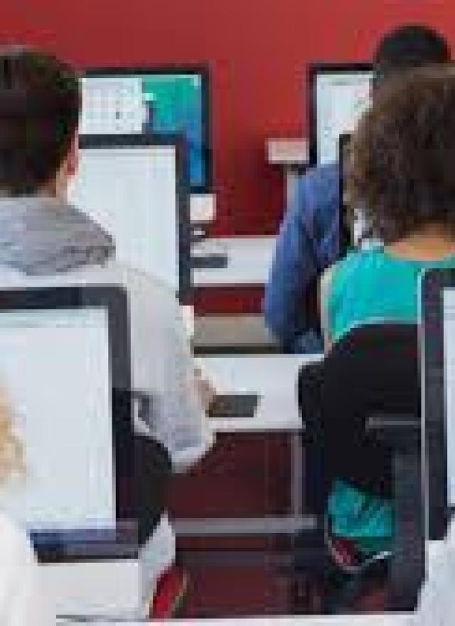 backsides of students on laptops