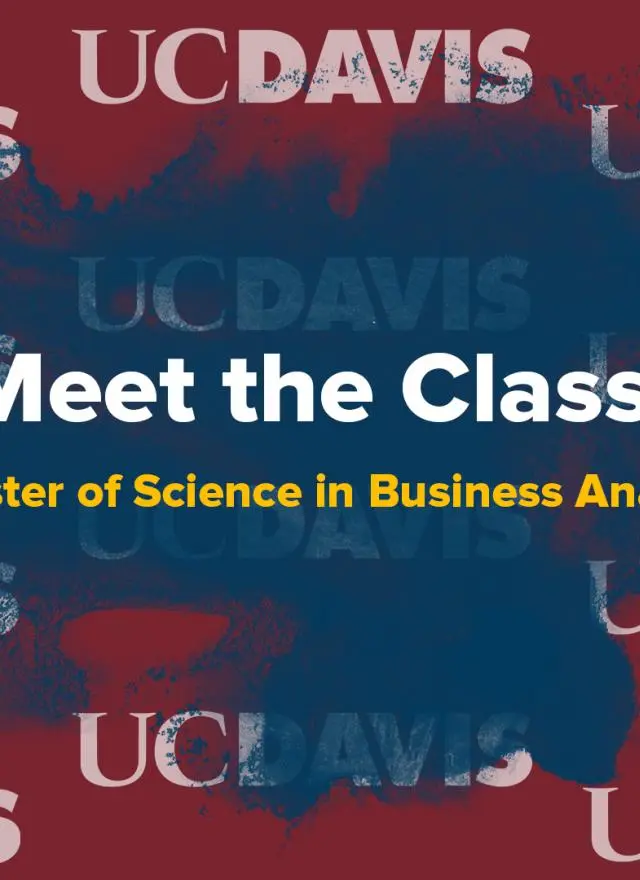 Maroon background with dark blue paint splash. White UC Davis logos are scattered across the image. In the center, bold white text reads “Meet the Class!” with smaller gold text underneath: “Incoming Master of Science in Business Analytics 2025.