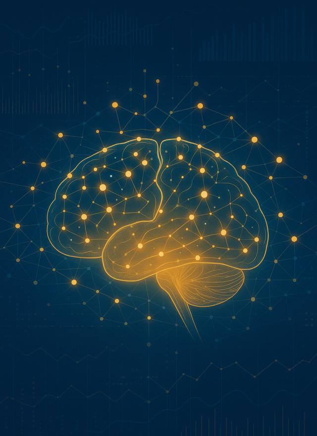 Illustration of a human brain outlined in yellow with interconnected nodes and lines, symbolizing neural networks, on a dark blue background with abstract data patterns.