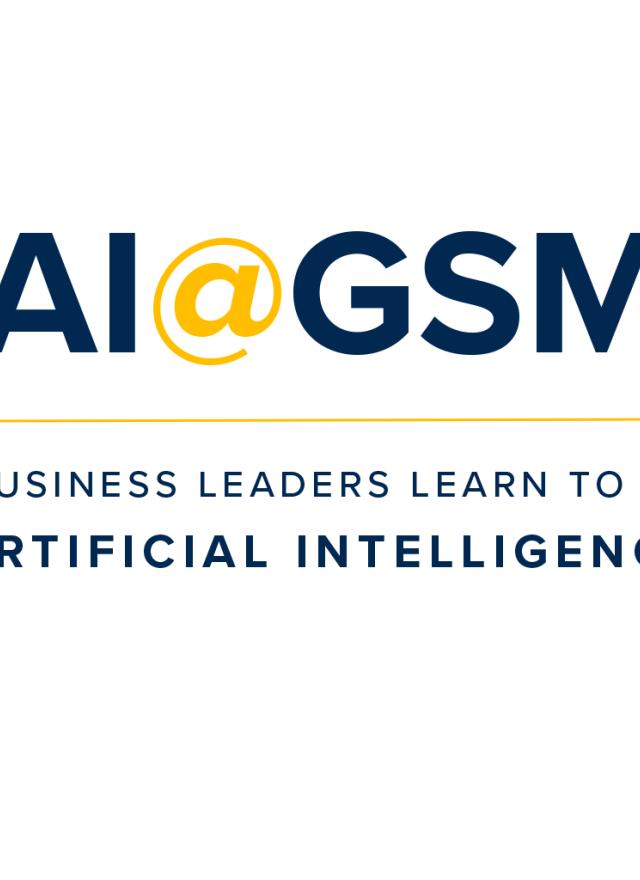 Logo for AI@GSM with tagline: "Where business leaders learn to harness artificial intelligence" on a light gray background.
