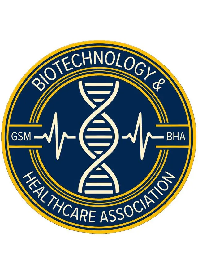 A circular logo for the Biotechnology & Healthcare Association features a DNA double helix and EKG lines, with "GSM" and "BHA" on each side, in navy blue and gold.