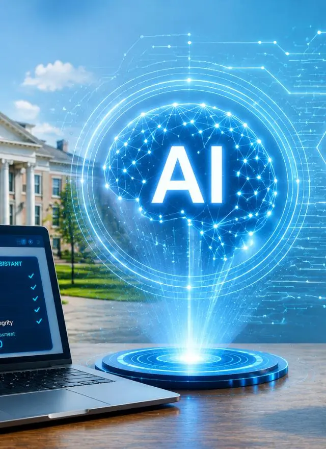 A university campus with a laptop, coffee mug, and holographic AI graphics representing manuscript review and academic research.