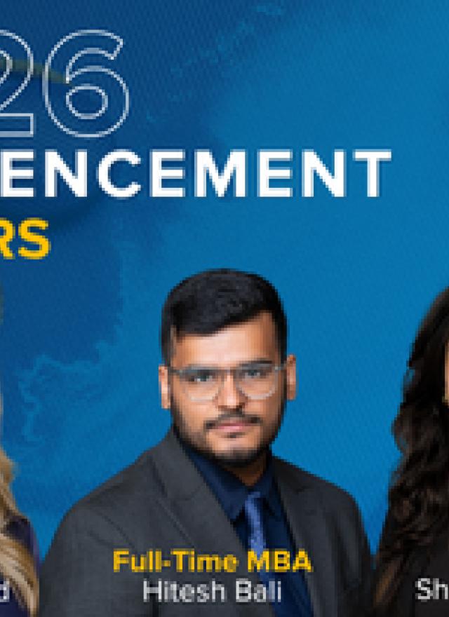 Three UC Davis Graduate School of Management students, labeled as 2026 commencement speakers, are pictured with their program titles: MPAc, Full-Time MBA, and MSBA.