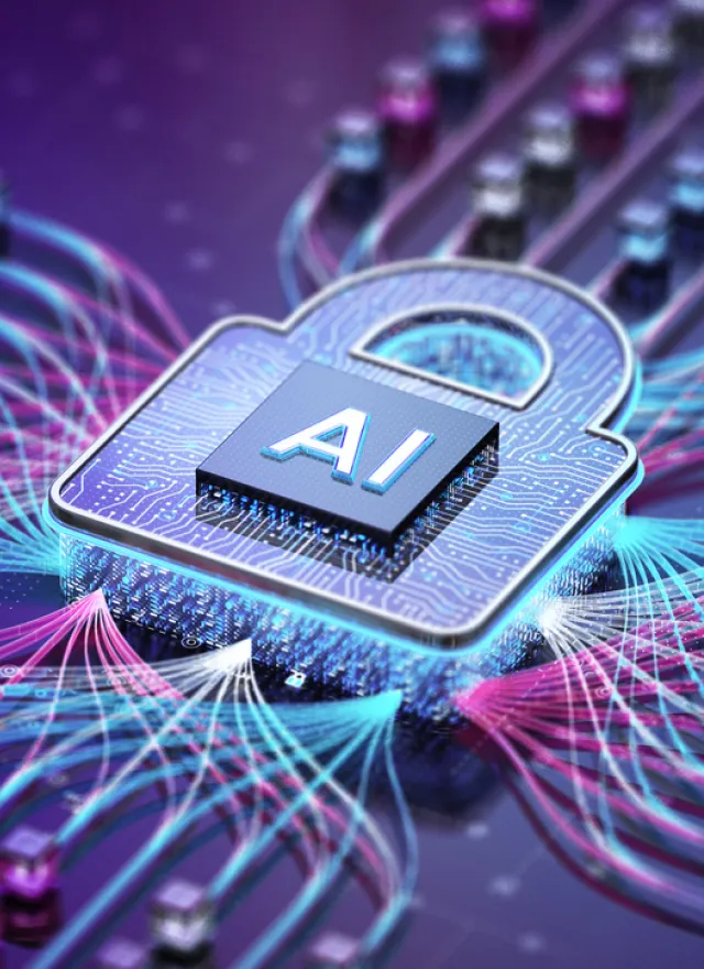 A digital lock labeled "AI" connects to circuit lines, symbolizing artificial intelligence security and data protection in a high-tech environment.