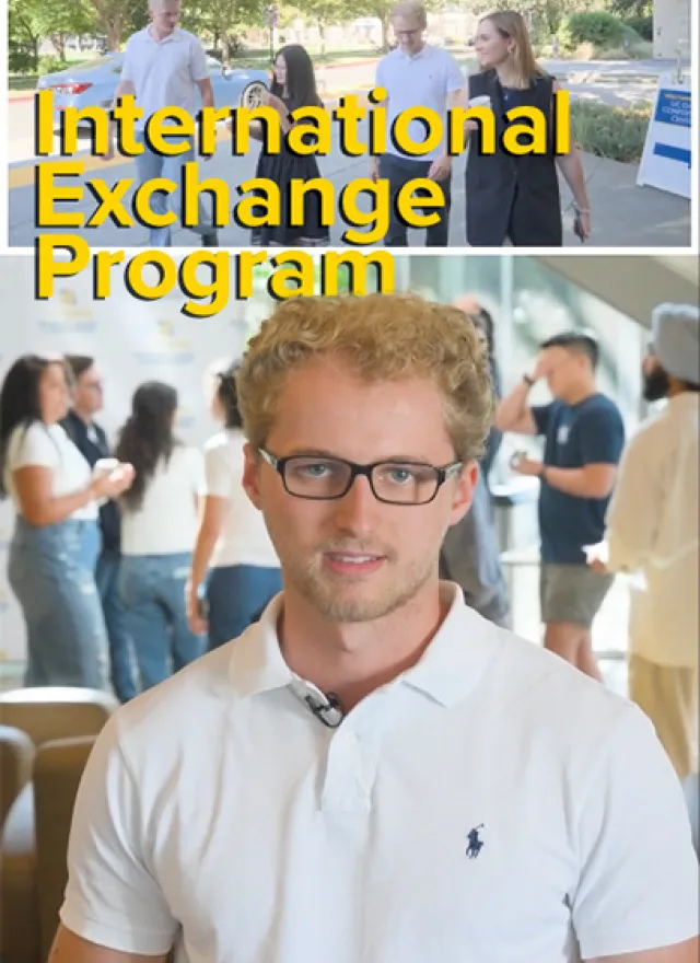 A young man wearing glasses and a white polo shirt speaks to the camera, with a group of students walking outdoors shown in an inset at the top under the text “UC Davis Graduate School of Management International Exchange Program.”