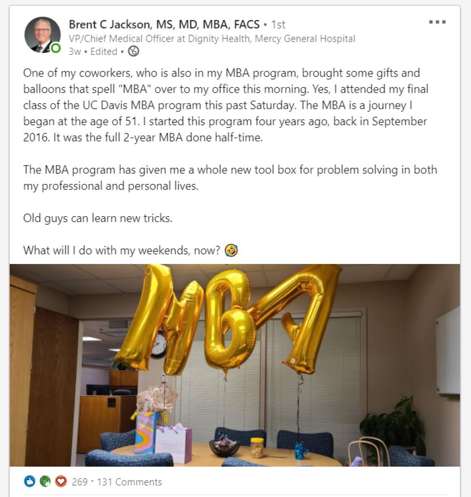 Brent Jackson MBA 20 LinkedIn Post with MBA balloons