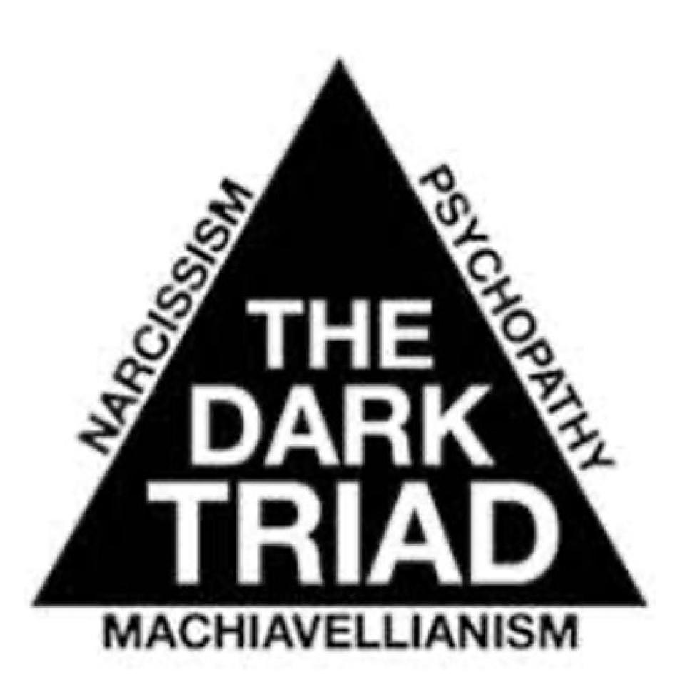 Black triangle with the words "The Dark Triad" in the center of the triangle and Narcissism, psychopathy and Machiavellianism on each of the triangle sides