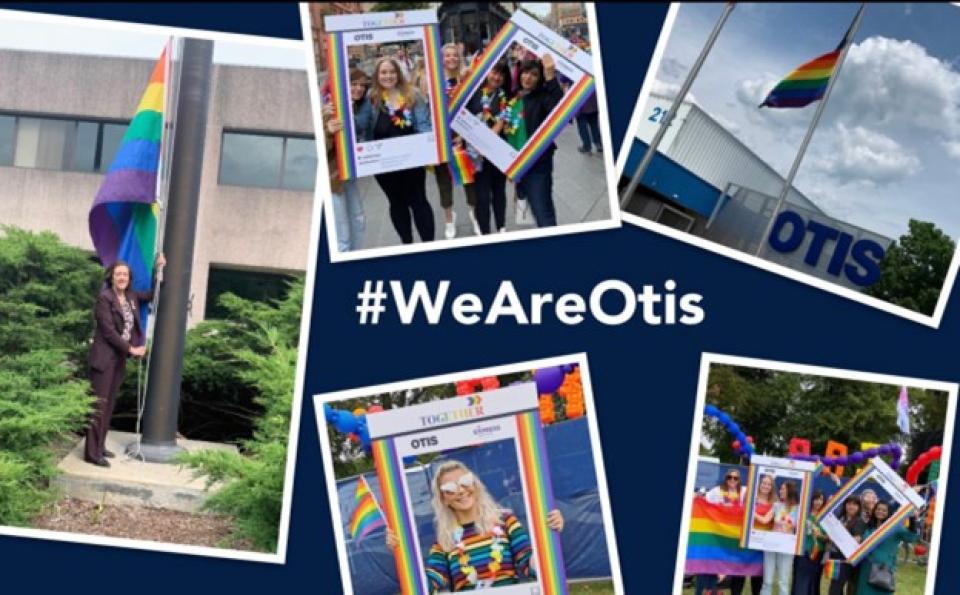 A photo collage of Otis employees holding rainbow flags