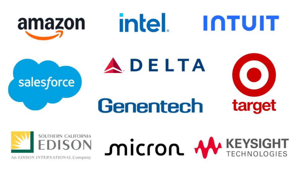 Company logos: Amazon, Delta Airlines, Intel, Intuit, Genentech, Keysight, Micron Technology, Southern California Edison, Salesforce.com, Targe