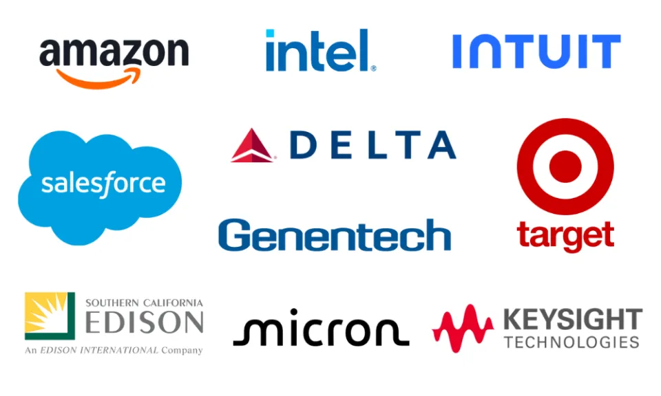 Company logos: Amazon, Delta Airlines, Intel, Intuit, Genentech, Keysight, Micron Technology, Southern California Edison, Salesforce.com, Targe