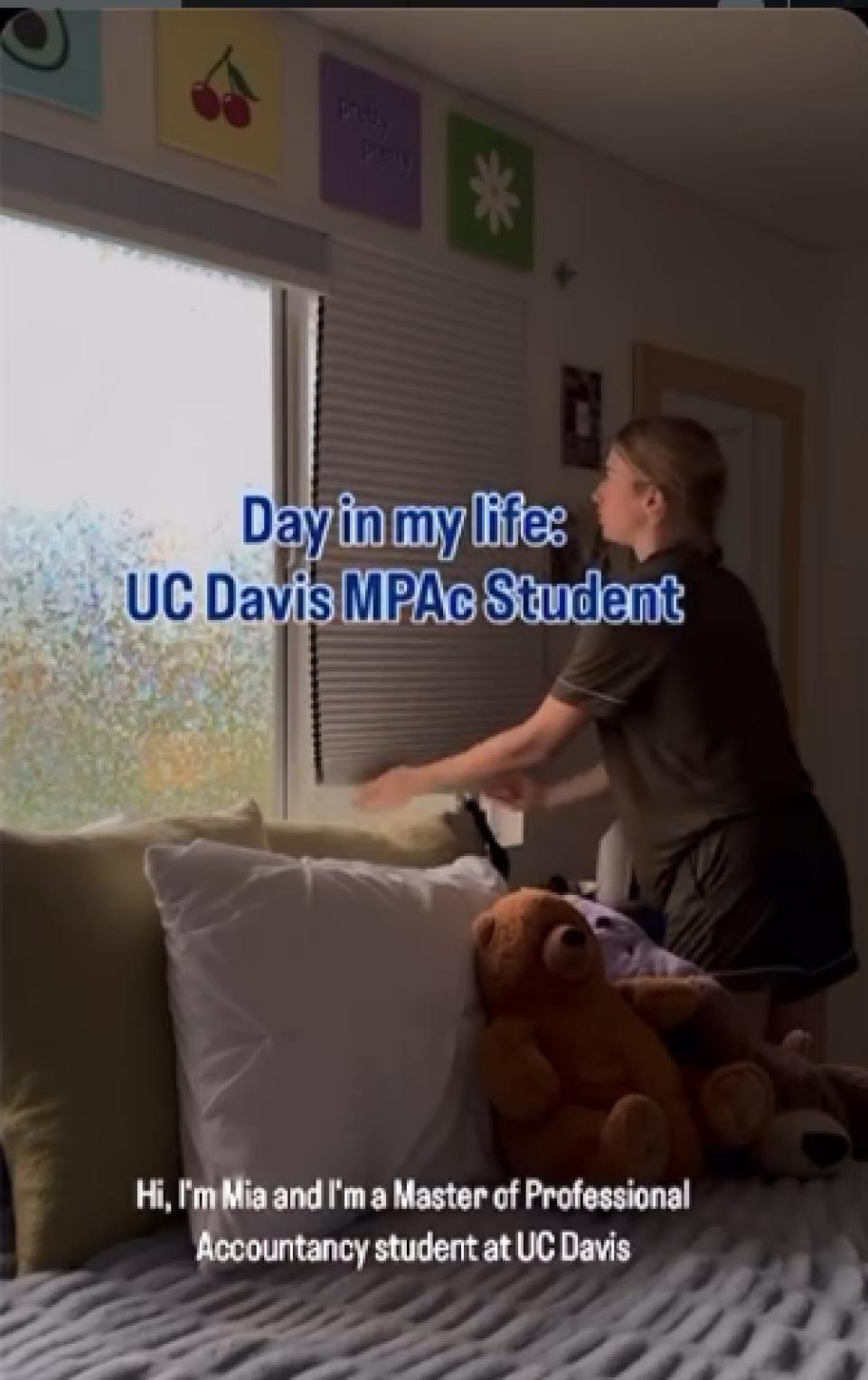 Mia Hildebrand making her bed as she narrates her daily routine