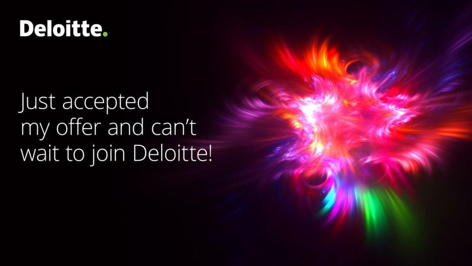 Deloitte logo on black background with text: "Just accepted my offer and can't wait to join Deloitte!" next to a colorful, abstract, glowing light pattern.