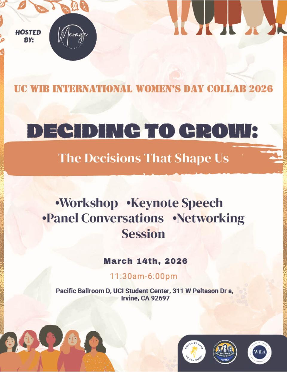 Flyer for UC WIB International Women’s Day Collab 2026 event titled “Deciding to Grow: The Decisions That Shape Us,” detailing workshops, keynote, panels, and networking for March 14, 2026.