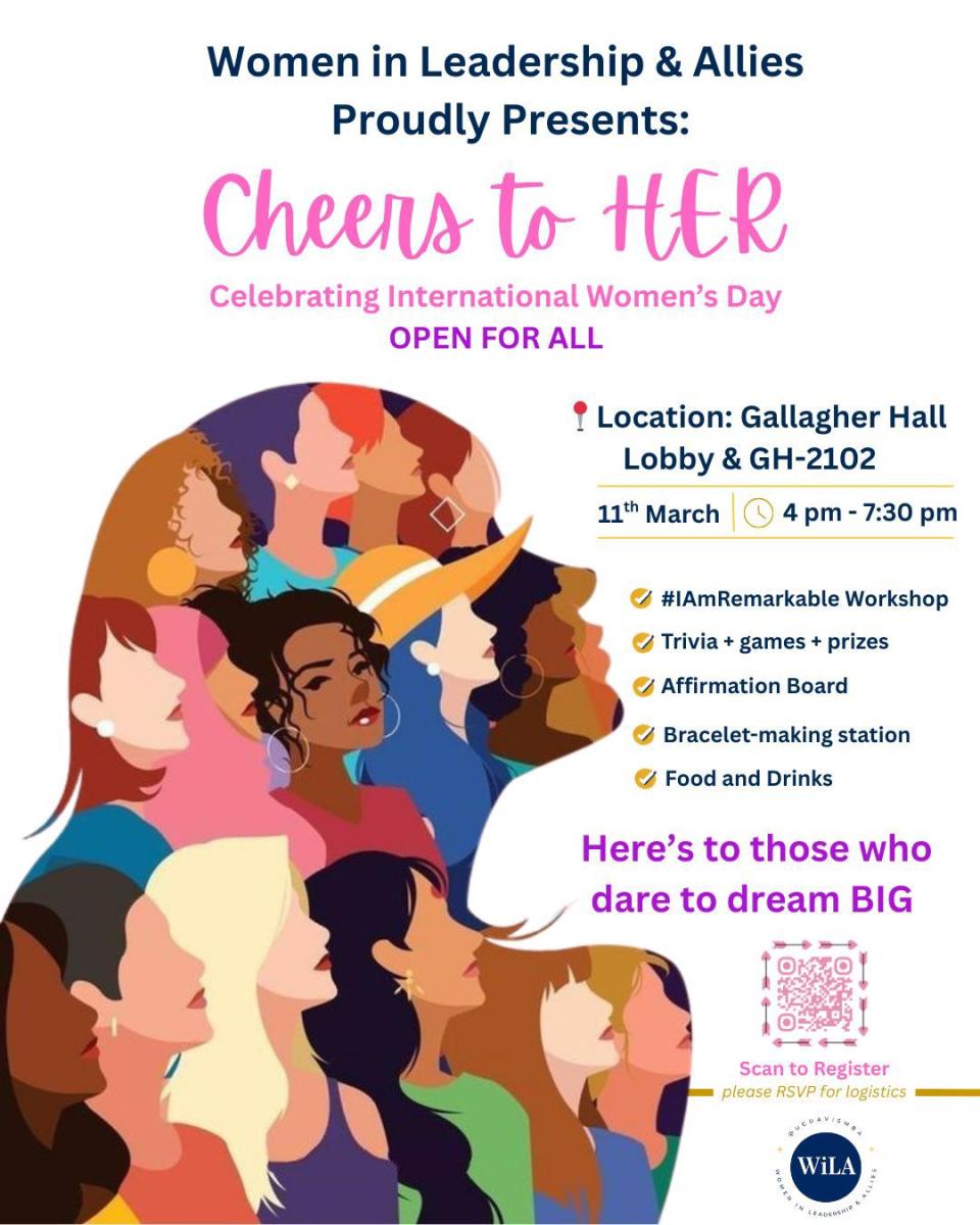 Flyer for “Cheers to HER” International Women’s Day event with date, location, activities list, QR code for registration, and illustrations of diverse women.