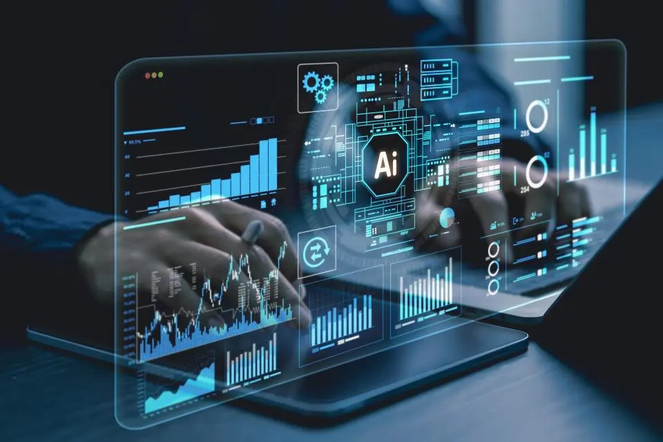 Person using a laptop with virtual screens displaying AI-related data, charts, graphs, and digital interface elements.