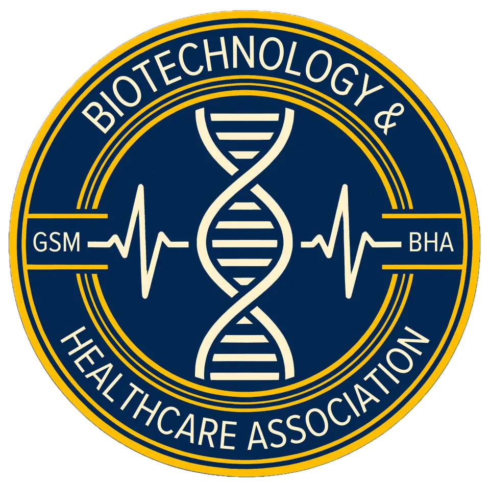 A circular logo with a DNA double helix in the center, flanked by ECG lines, and the words "Biotechnology & Healthcare Association" around the edge.