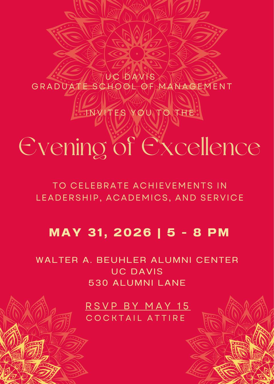 Red and gold invitation for UC Davis Graduate School of Management's "Evening of Excellence" event on May 31, 2026, at 5-8 PM, celebrating leadership, academics, and service.