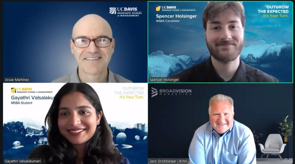 Screenshot of a virtual meeting with four people, each in separate frames, displaying UC Davis or BroadVision Marketing branded backgrounds.