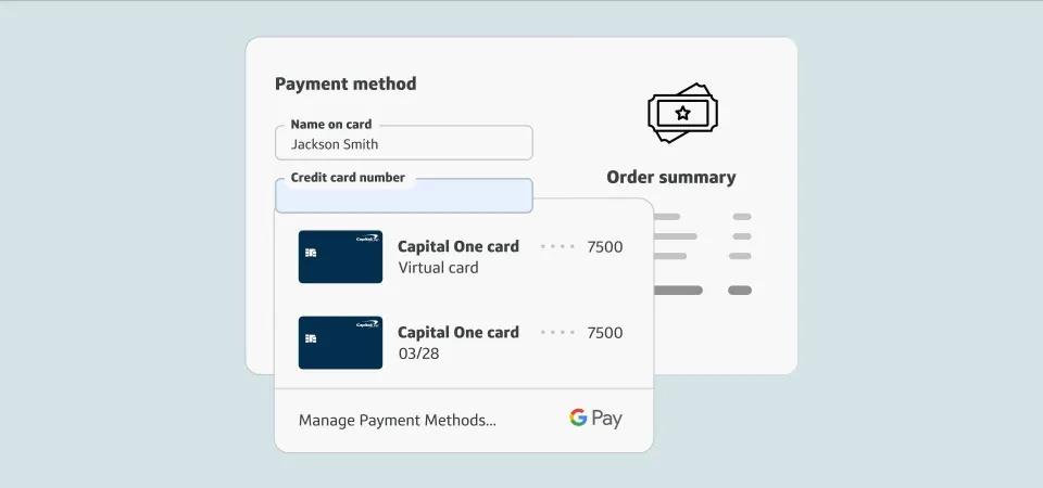 Online payment form showing a dropdown to select a Capital One credit card, with Capital One cards ending in 7500 as options, and Google Pay and manage payment methods links below.