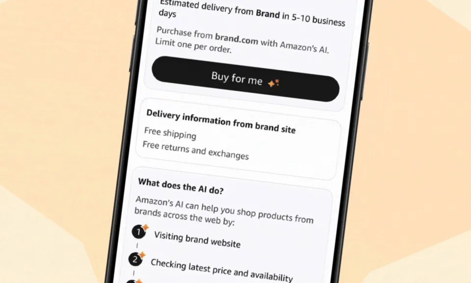 A smartphone screen displays online shopping details, including estimated delivery time, a “Buy for me” button, and an explanation of Amazon’s AI shopping assistance.