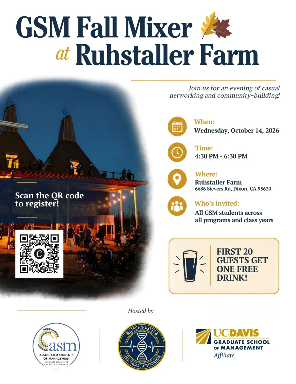 Event flyer for the GSM Fall Mixer at Ruhstaller Farm on Wednesday, October 14, 2026, from 4:30 PM to 6:30 PM, including a QR code for registration and host organization logos.