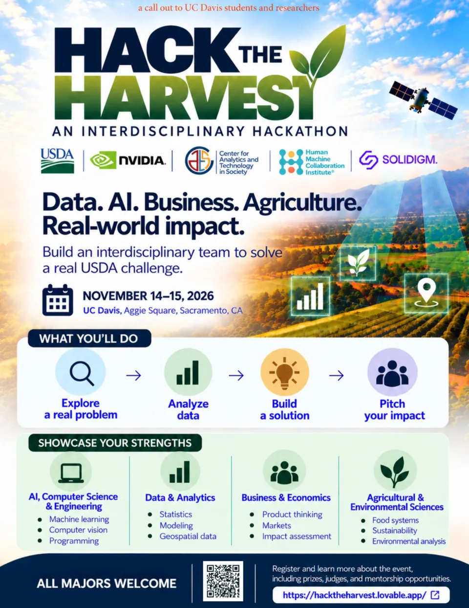 Event flyer for Hack the Harvest at UC Davis, November 14–15, 2026, featuring event details, partner logos, and a breakdown of hackathon steps and focus areas.