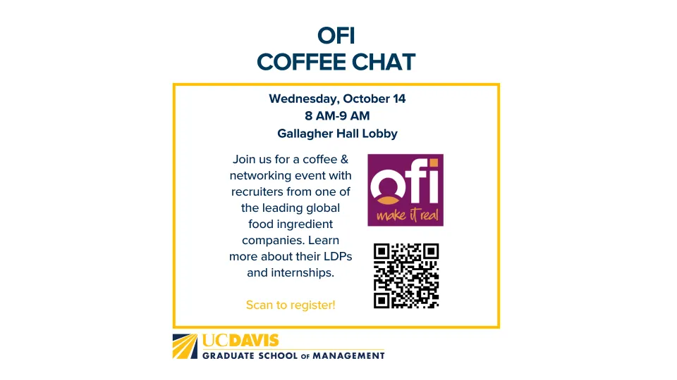 Event flyer for an OFI Coffee Chat on Wednesday, October 14, 8–9 AM in Gallagher Hall Lobby, featuring a QR code to register for the networking event with the UC Davis Graduate School of Management.