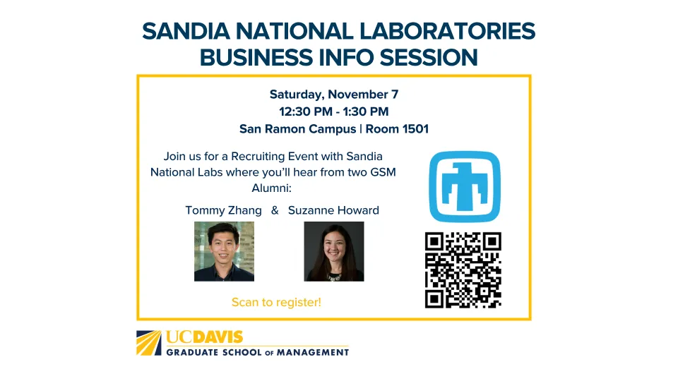 Flyer for a Sandia National Laboratories business info session on November 7 at 12:30 PM, featuring speakers Tommy Zhang and Suzanne Howard, with a QR code for registration.